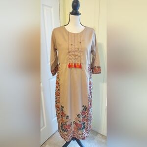 Elegant Beige Embroidered Tunic Dress